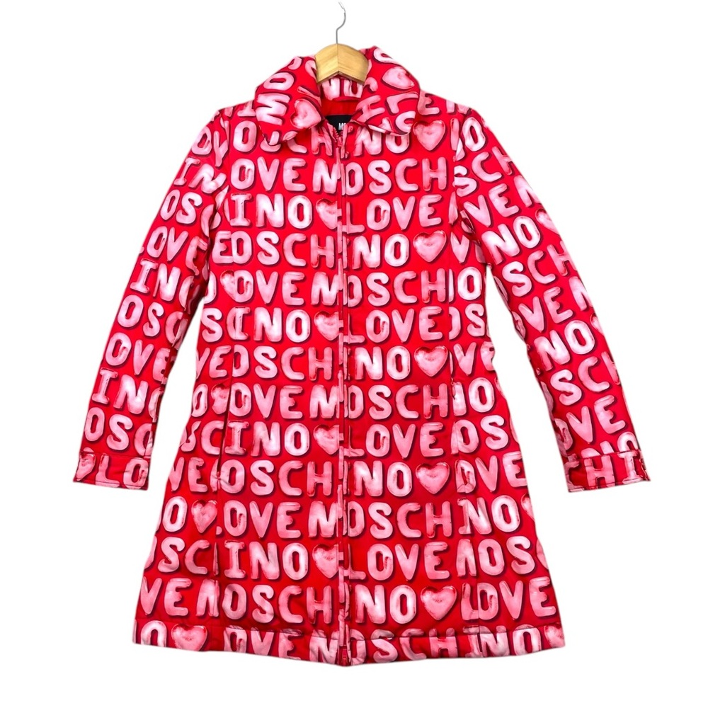 Love Moschino Women Puffer Coat Red All Over Print Size 2 Pockets Red Pink EUC